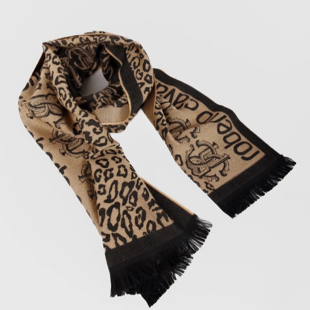 Roberto Cavalli Tan and Black Leopard Print Scarf